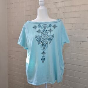 Westport 1962 Women's 3x, Aqua Short-Sleeve Top w/ Embroidered Print Cottagecore